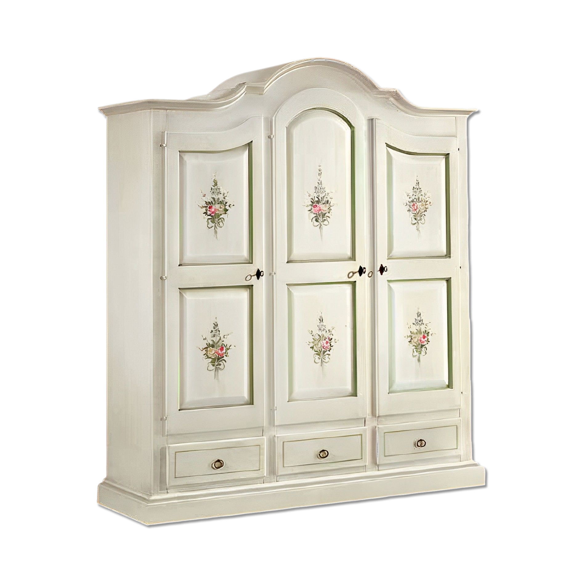 Art 598 - armadio in legno shabby chic 3 ante battenti bianco decorato filo verde - 3 cassetti smontato