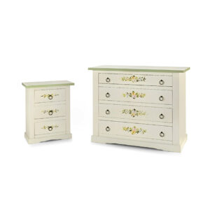 comò e 2 comodini in legno shabby chic bianco anticato decorato a mano filo verde