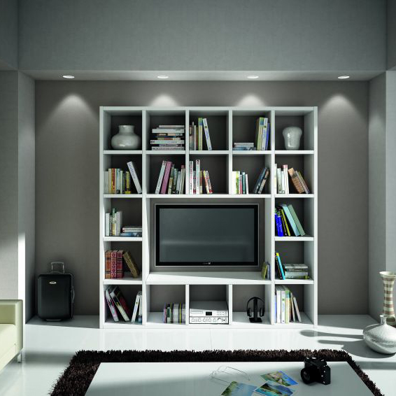 Art570 - Parete porta tv in legno frassinato bianco shabby chic da 218 cm