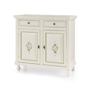 Credenza bianca decorata a mano con 2 ante e 2 cassetti in stile shabby chic