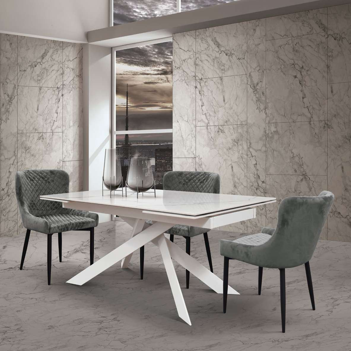 Tavolo 160×90 allungabile con base in metallo bianco e piano finitura bianco statuario - Art1758