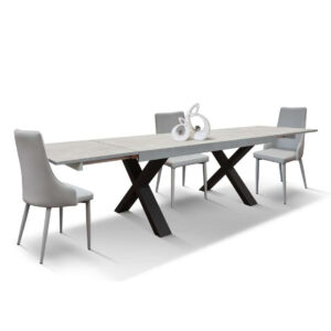 Tavolo allungabile piano grigio cemento e base antracite-aperto 250×90 h77 2 allunga laterali cm 45
